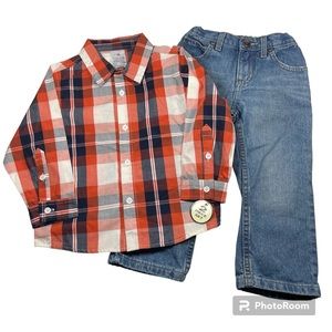 NWT Arizona Jean Co. Orange Plaid Shirt With 5 Pockets Jeans Size 3T